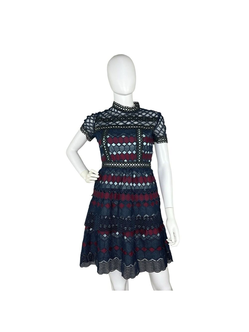 Renvy Size S Open Lace Fit and Flare Mini Dress Short Sleeve Red Navy High Neck